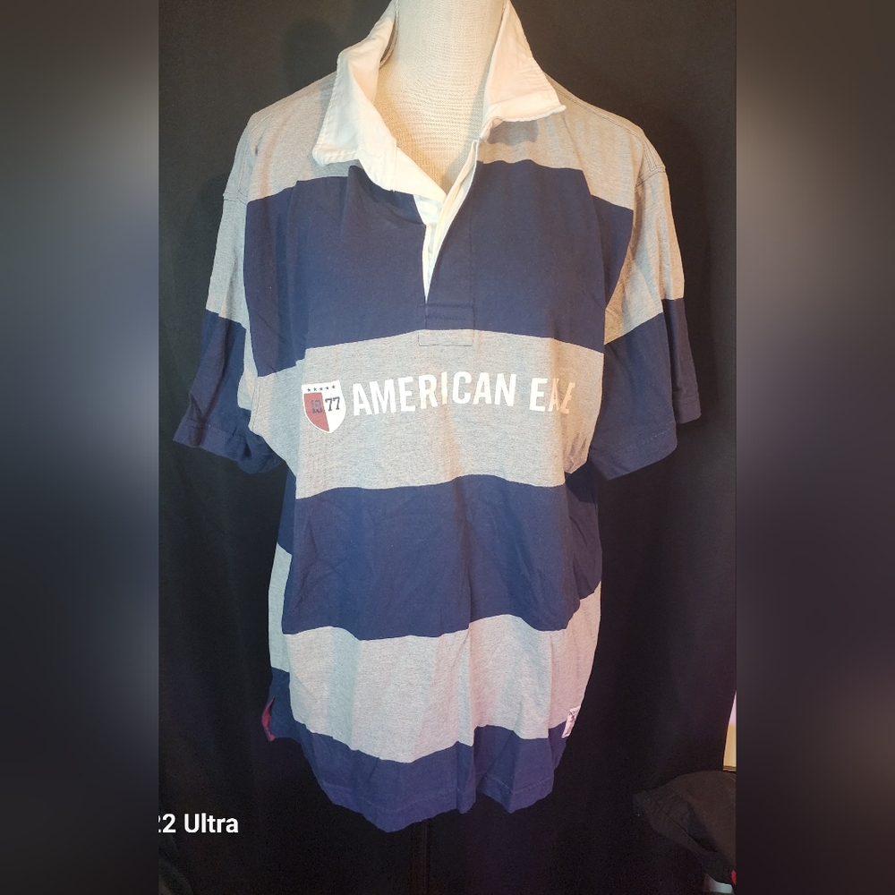 American Eagle Outfitters Large Gray Blue Striped Polo NWT
